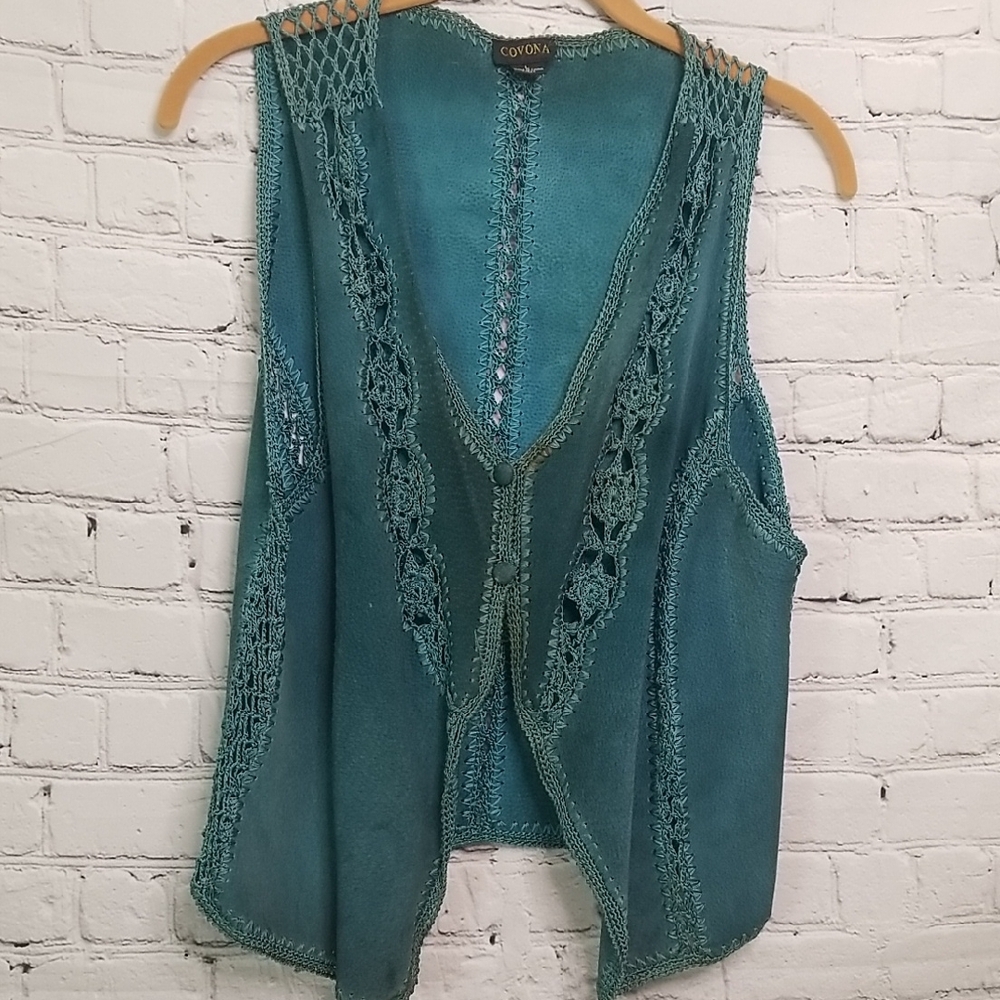 Covona women's Blue/green Leather vest w/crochet trim Size Large GUC - Picture 1 of 3